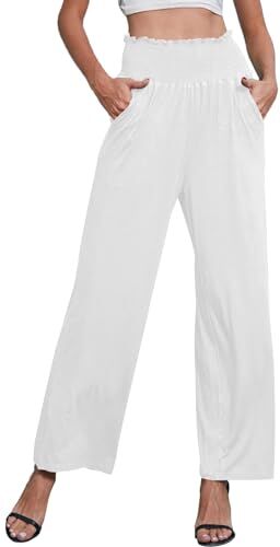 Yutdeng Pantaloni Donna Comdi Dritta Palazzo Gamba Larga Pantaloni a Vita Alta Elastico Pantalone Donne Elegante Cruvy con Tasche Pantaloni Lunghi Casual Yoga,Bianco,S