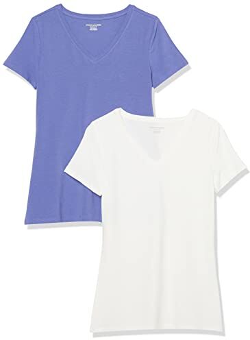 Amazon Essentials T-Shirt con Scollo a v a Maniche Corte con vestibilità Classica Donna, Pacco da 2, Blu Porpora/Bianco, XS