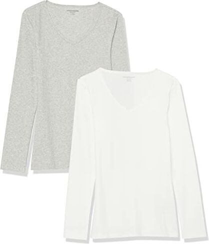 Amazon Essentials Top in Maglia a Costine a Maniche Lunghe con Scollo a V dalla vestibilità Aderente (Disponibile in Taglie Forti) Donna, Pacco da 2, Bianco/Grigio, XS