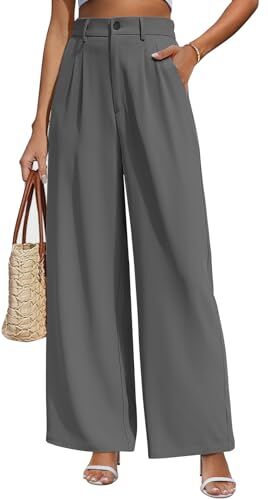 CMTOP Pantaloni Donna Eleganti Pantaloni Leggeri Donna Estivi Vita Alta Pantaloni Lunghi Casual Gamba Dritta Palazzo Tinta Unita Morbidi Pantaloni Larghi Comodi Pantalone con Tasche(Grigio Scuro, XL)