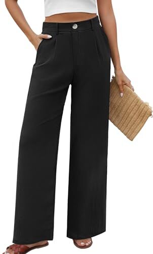 PASUDA Pantaloni Donna Estivi Comodi Larghi Pantaloni Casual Vita Alta Pantaloni Eleganti Pantaloni da Completo Leggeri Pantalone da Spiaggia con Tasca e Striscia di Bottoni (Nero, XL)