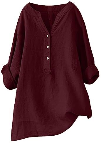 XTBFOOJ Top Bianco Donna Camicia Larga Donna Estiva Long Shirt Donna Tute Donna Eleganti Maglia Manica Tre Quarti Donna Gilet Donna Estivo Camicia Cotone Vino