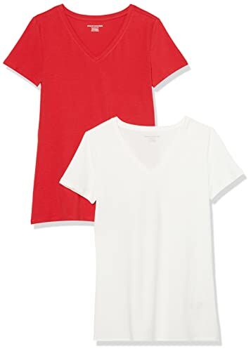 Amazon Essentials T-Shirt con Scollo a v a Maniche Corte con vestibilità Classica Donna, Pacco da 2, Rosso/Bianco, XS