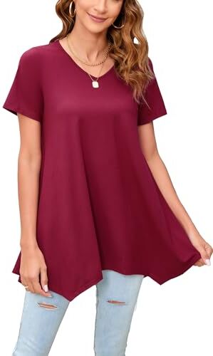 Enmain Donna Tunica Camicetta Rosso Manica Corta Camicie Casual Estiva Scollo V Top Camicie Camicetta Longline Tinta Unita Magliette per Vacanze Primavera Estate,Bordeaux,XXL