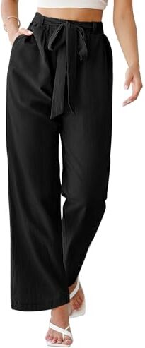 PASUDA Pantaloni Donna Estivi Cotone e Lino Lunghi Pantaloni Elastica Vita Alta Eleganti Pantaloni Leggeri Larghi Tinta Unita Pantalone Gamba Larga con Tasche (Nero, XXL)