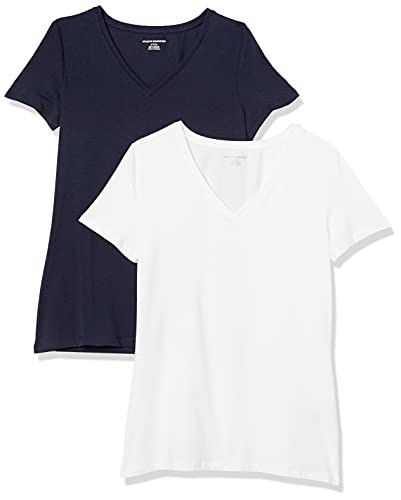 Amazon Essentials T-Shirt con Scollo a v a Maniche Corte con vestibilità Classica Donna, Pacco da 2, Blu Marino/Bianco, L