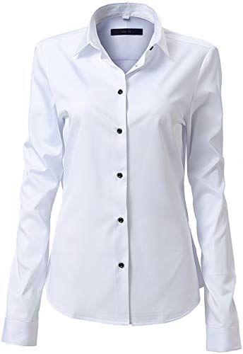 Hawk Camicia Basic da Donna Manica Lunga Camicetta Casual Blusa Chiusura Bottoni Slim Fit Formale Elegante in Fibra bambù Camicia Shirt Ideale per Ufficio/Lavoro/Colloquio (Bianco, EU40)