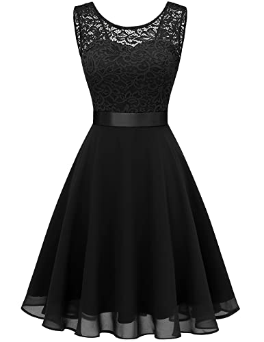 Berylove Abito da Donna in Pizzo Abito da Damigella d'Onore Elegante Abito da Cocktail Lunghezza al Ginocchio Chiffon Senza Maniche Nero 05 Nero 3XL