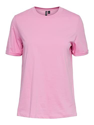 PIECES Pcria SS Fold Up Solid Tee Noos BC T-Shirt, Begonia Rosa, M Donna