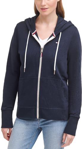 Tommy Hilfiger Felpa con Cappuccio e Zip in Spugna Francese-Tinta, Sky Captain, L Donna