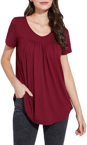 Enmain Top a Tunica da Donna Casual Scollo a V Manica Corta Camicie da Donna Floreali Camicetta a Pieghe Larghe per Le Vacanze Estive Bordeaux 2XL