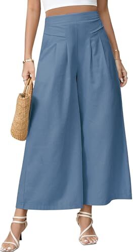 PASUDA Pantaloni Donna Pantaloni in Lino Estivi 7/8 Pantalone Gamba Larga Leggeri Larghi Pantaloni Elastici in Vita con Tasche Tinta Unita Casual Pantaloni Donna Comodi (Blu, L)