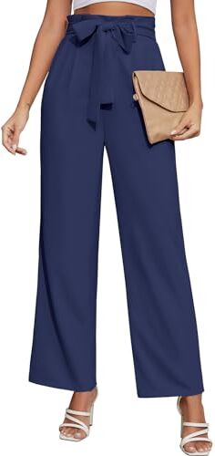 PASUDA Pantaloni Donna Estivi Pantaloni Comodi Larghi da Donna Elastico Vita Alta Business Pantaloni da Lavoro da Completo Leggeri Casual Pantaloni Gamba Dritta con Cintura e Tasche (Marino, M)