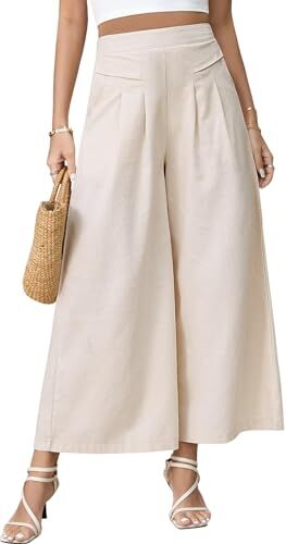 PASUDA Pantaloni Donna Pantaloni in Lino Estivi 7/8 Pantalone Gamba Larga Leggeri Larghi Pantaloni Elastici in Vita con Tasche Tinta Unita Casual Pantaloni Donna Comodi (Beige, XL)