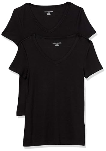 Amazon Essentials T-Shirt con Scollo a v a Maniche Corte Slim Donna, Pacco da 2, Nero, XS