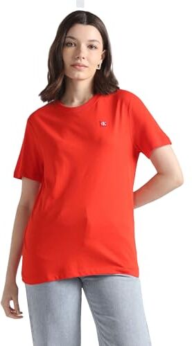 Calvin Klein Women's CK EMBRO BADGE REGULAR TEE S/S Knit Tops, Fiery Red, M