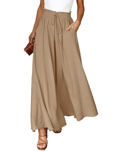 CMTOP Pantaloni da Donna Casual Pantaloni A Vita Alta Larghi Leggeri Elastica Eleganti Gamba Larga Estivi con Coulisse L Khaki