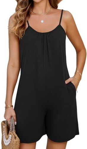 Niwicee Salopette da donna casual allentate in morbido cotone e lino tuta da donna con spalline regolabili con tasche-Nero-XL