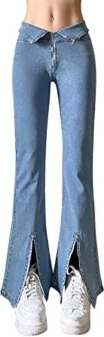 KEERADS Pantaloncini Vestire Jeans a vita alta da donna Baggy Denim Pantaloni Vita a forma di V Leggermente svasata Apertura Bell Bottoms Panel Slim Pantaloni Pantaloncini Jeans Per Ragazza (g-Light Blue, L)