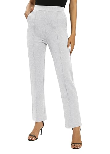 EXCHIC Donne Casual Elastico Gamba Dritta Pantaloni con Coulisse Vita Elastica Pantaloni con Tasche(L, Grigio Chiaro)