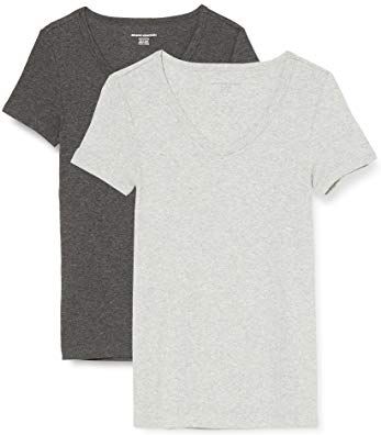 Amazon Essentials T-Shirt con Scollo a v a Maniche Corte Slim Donna, Pacco da 2, Carbone Puntinato/Grigio Chiaro Puntinato, XS