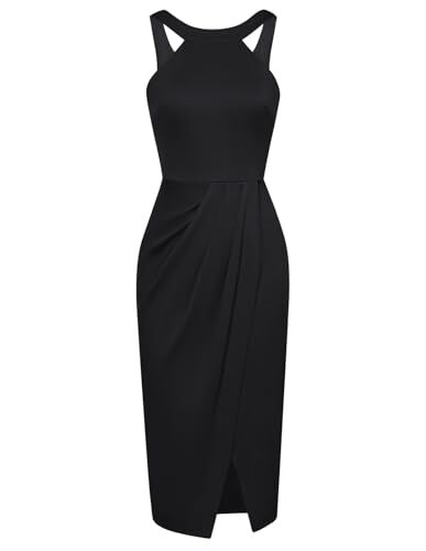 GRACE KARIN Abito aderente estivo con allacciatura al collo avvolto per le donne UK elegante collo svasato posteriore senza maniche Midi Party Cocktail Dress, Nero , L