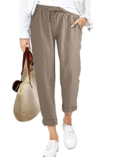 ORANDESIGNE Pantaloni Casual Donna in Lino Elegante con Elastico in Vita Pantalone Estivo con Tasche per Vacanze Lavoro A Cachi S