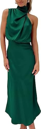 Odizli Abito da donna elegante, senza maniche, in raso, estivo, per matrimonio, da sera, verde scuro, S