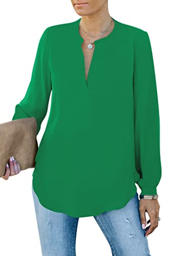 Homlan Camicia da Donna Elegante con Scollo a V, a Maniche Lunghe, da Lavoro, Casual, a Maniche Lunghe, Tinta Unita, Verde, S