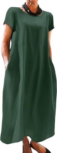 Xnova Vestiti Donna Estivi con Tasche, Scollo Rotondo Vestito in Lino, Manica Corta Lungo Abito Larghe Casual Boho Abiti (Verde, M)