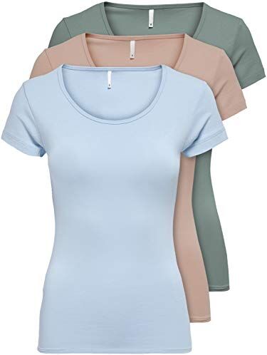 Only Confezione da 3 magliette da donna a maniche corte basic, essenziali, estive, nero o bianco, Mix 3 colori., L