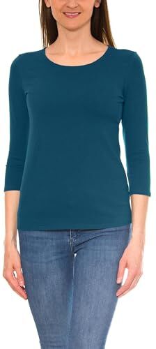 Alkato T-Shirt da Donna a Maniche a 3/4 con Scollo Tondo, Verde Petrolio, L