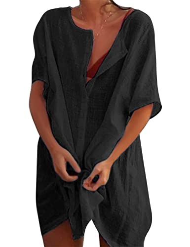 Svanco Copricostume Donna Mare Abiti Lunghi Estivi Camicia da Spiaggia Camicetta in Cotone Elegante Vestiti Corti Costumi da Bagno Bikini Cover Up per Piscina Mare Estate Vacanza(Nero,M)