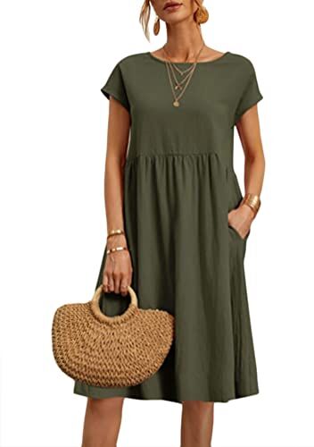 Yesgirl Vestiti da Donna Estivi Girocollo Manica Corta Vestiti Casual Abito in Lino Eleganti Tinta Unita Vestito Boho Abiti al Ginocchio Larghe Abito da Spiaggia A Verde S