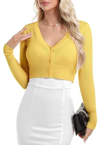 Irevial Coprispalle Corta Donna Cardigan Scollo a V Elegante Bolero a Maniche Lunghe Coprispalle in Maglia con Bottoni Giallo XL