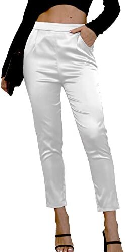 Fakanhui Abito da donna in raso di seta casual elastico a vita alta elasticizzato pantaloni eleganti pantaloni, C03 Bianco, XS