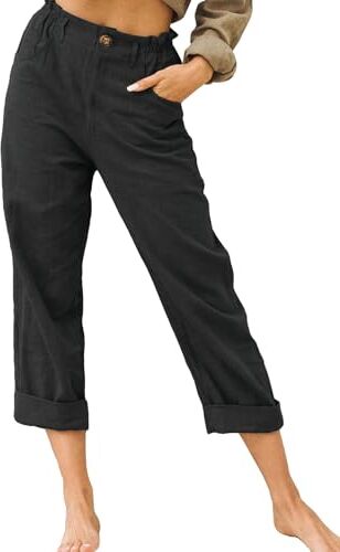 CheChury Pantaloni Lino Donna Vita Alta Estivi Comodi Pantaloni Larghi Donna Eleganti Pantaloni Gamba Dritta Donna Pantaloni Casual Spiaggia con Tasca Pantaloni Lino Donna Estivi Pantaloni Donna