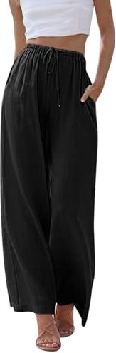 Voqeen Pantaloni Estivi da Donna in Lino Pantaloni Casual in Cotone e Tessuto di Lino Pantaloni Casual Monocromatici Pantaloni da Spiaggia a Vita Alta e Gamba Larga con Tasche