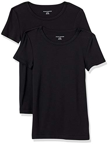 Amazon Essentials T-Shirt Girocollo a Maniche Corte Slim Donna, Pacco da 2, Nero, XS