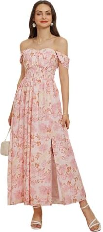 GRACE KARIN Donna Abito Floreale da Cocktail Spalle Scoperte Vestito a Vita Alta Rosa Casual XL