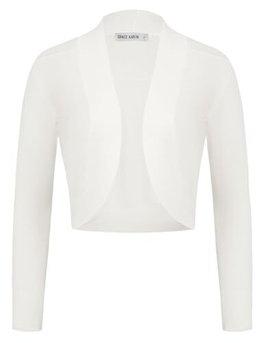 GRACE KARIN Donna Cardigan a Maglia a Maniche 3/4 Pizzo Trasparente Aperto Bolero Shrug Bianco XL