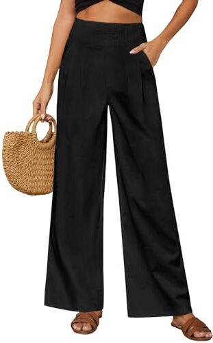 PASUDA Pantaloni Lino Donna Estivi Pantaloni Larghi Elastico Vita Alta Pantaloni Eleganti Pantalone Casual da Spiaggia Leggeri Comodi con Tasche (Nero, L)