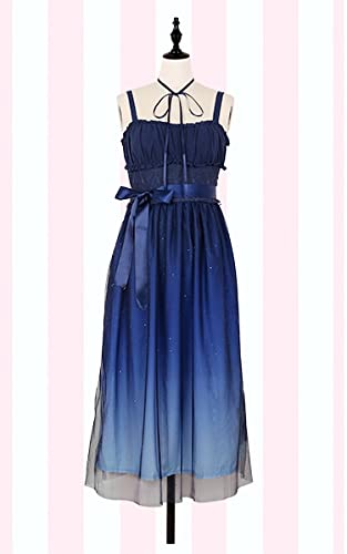 GABLOK Shinning Stars Lolita Dress Gradient Star Blue Girls Solid Fancy Dress Pizzo increspato Abito plissettato con camicia Set M solo abito lungo