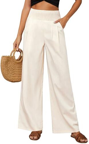 PASUDA Pantaloni Lino Donna Estivi Pantaloni Larghi Elastico Vita Alta Pantaloni Eleganti Pantalone Casual da Spiaggia Leggeri Comodi con Tasche (Beige, S)