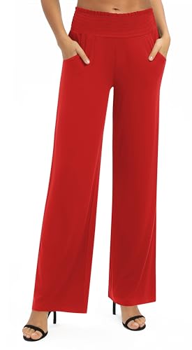 EXCHIC Donna Solido Sciolto Gamba Dritta Palazzo Pantaloni A Vita Alta Elastico Casual Pantaloni con Tasche(XXL, Rosso)