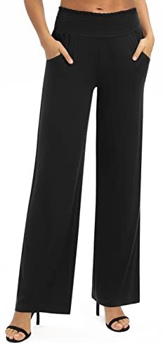 EXCHIC Donna Solido Sciolto Gamba Dritta Palazzo Pantaloni A Vita Alta Elastico Casual Pantaloni con Tasche (M, Nero)