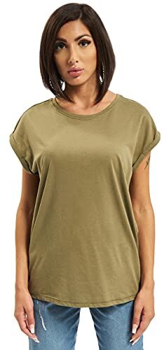 Urban Classics t-shirt da Donna con Manica Arrotolata, Maglietta a Maniche Corte da Donna in Cotone, Tee Shirt con Scollo Rotondo e Spalle Arrotondate, Verde Militare, XL