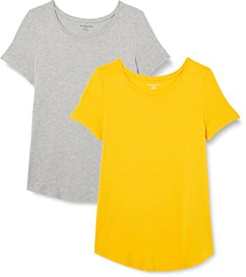 Amazon Essentials Tunica con Scollo Rotondo a Maniche Corte Donna, Pacco da 2, Grigio Chiaro Puntinato/Giallo Drato, M