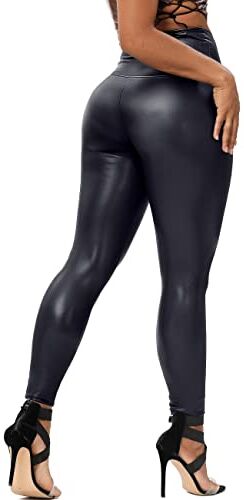 STARBILD Pantaloni in Pelle Donna Eleganti, Leggins Jeans Push up Sexy, Collant Ecopelle a Vita Alta con Tasche, Leather Pants Corti/Opachi/Latex, K300-Classico-Nero Opaco XS