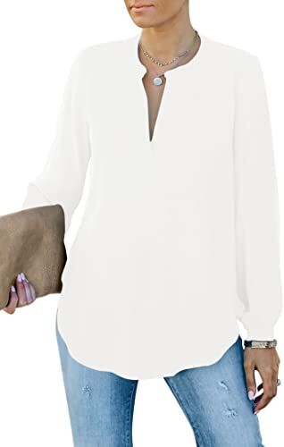 Homlan Camicia da Donna Elegante con Scollo a V, a Maniche Lunghe, da Lavoro, Casual, a Maniche Lunghe, Tinta Unita, Bianco, M